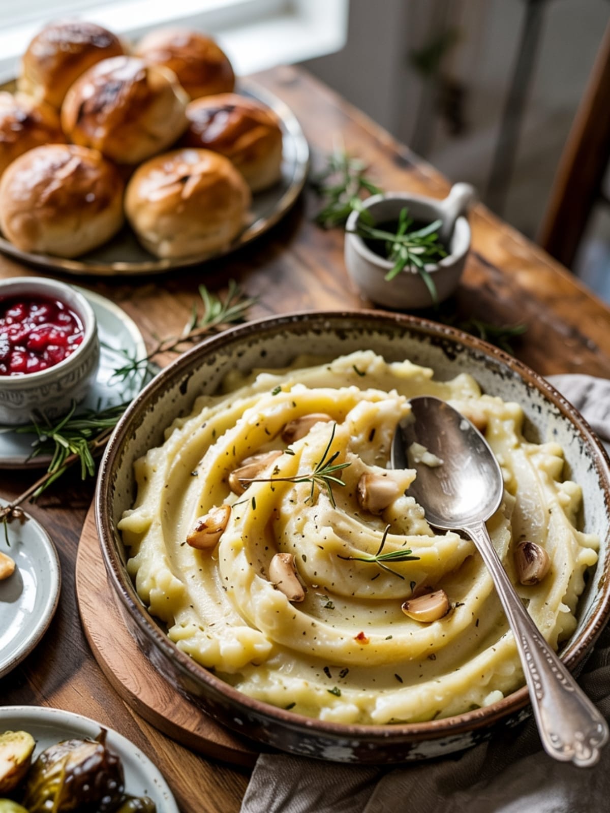 Steaming dish of herb-flecked garlic mashed potatoes on holiday table with serving spoon
