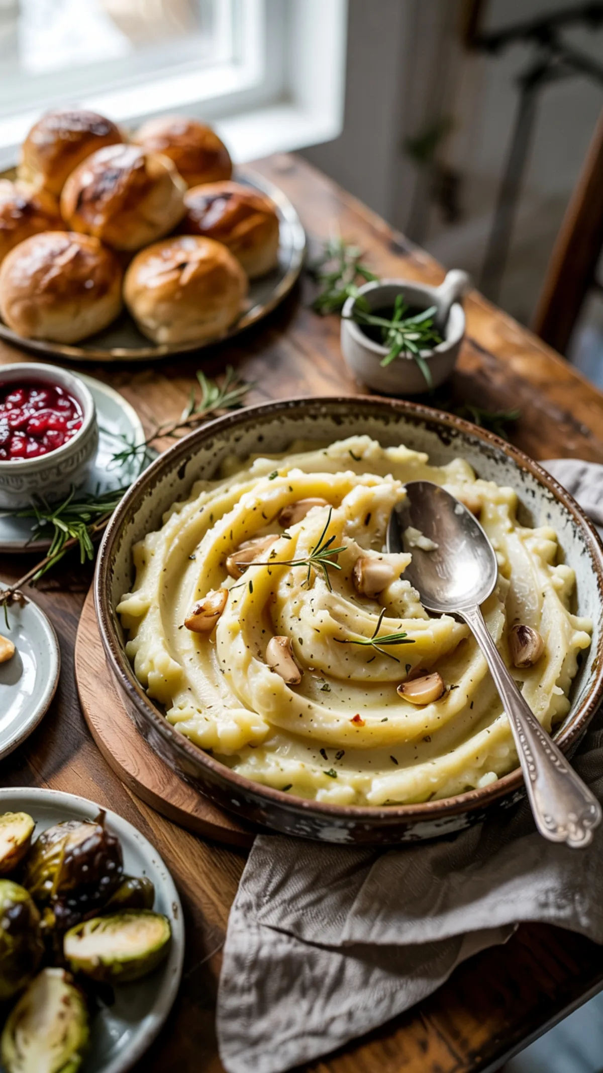 Steaming dish of herb-flecked garlic mashed potatoes on holiday table with serving spoon