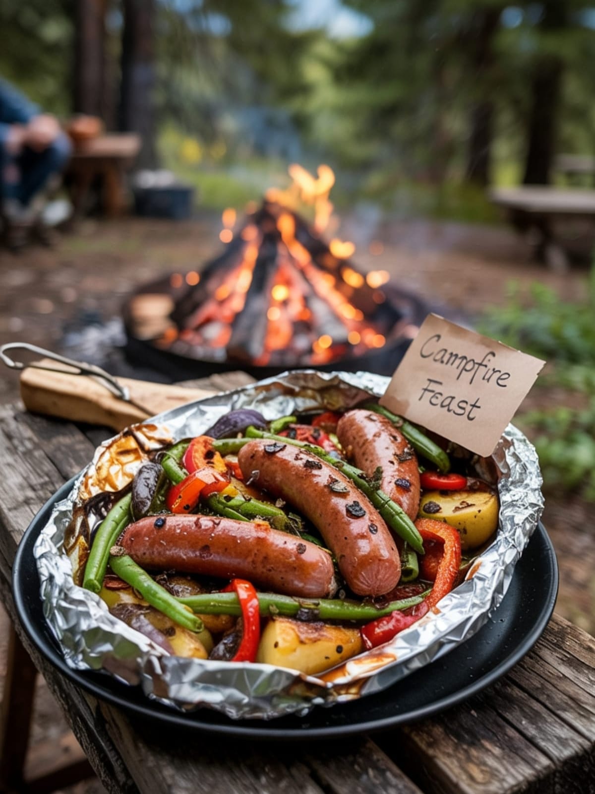Steaming foil packet meal with sausage, potatoes and vegetables at campsite