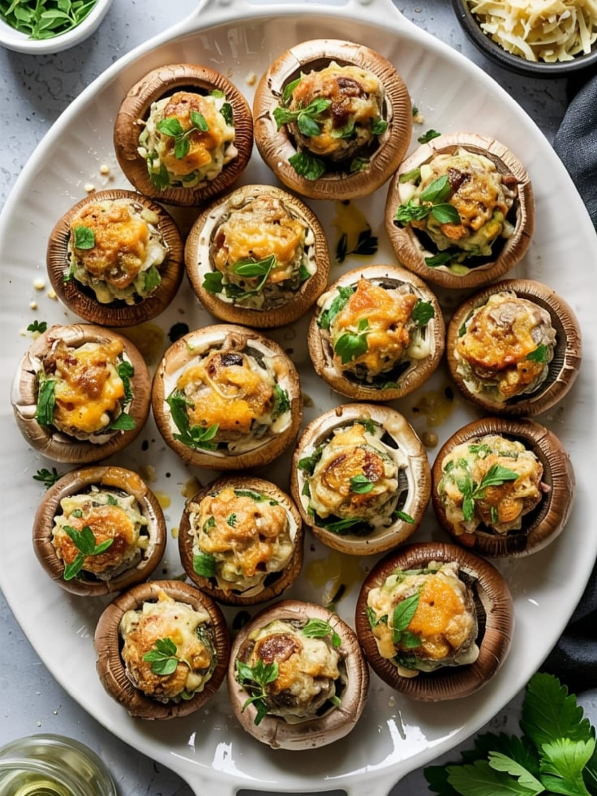 Steaming hot garlic stuffed mushrooms on white platter with ingredient bowls and wine glass