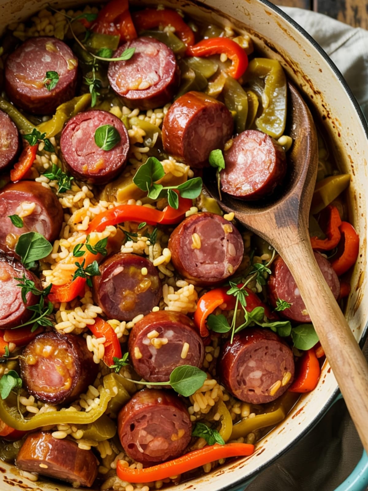 Steaming one pot sausage and rice with colorful bell peppers and herb garnish