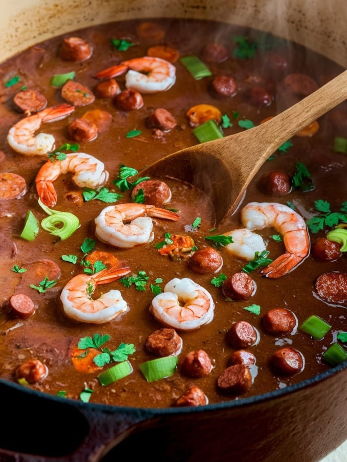 Steaming pot of rich brown shrimp and sausage gumbo with visible andouille slices and pink shrimp