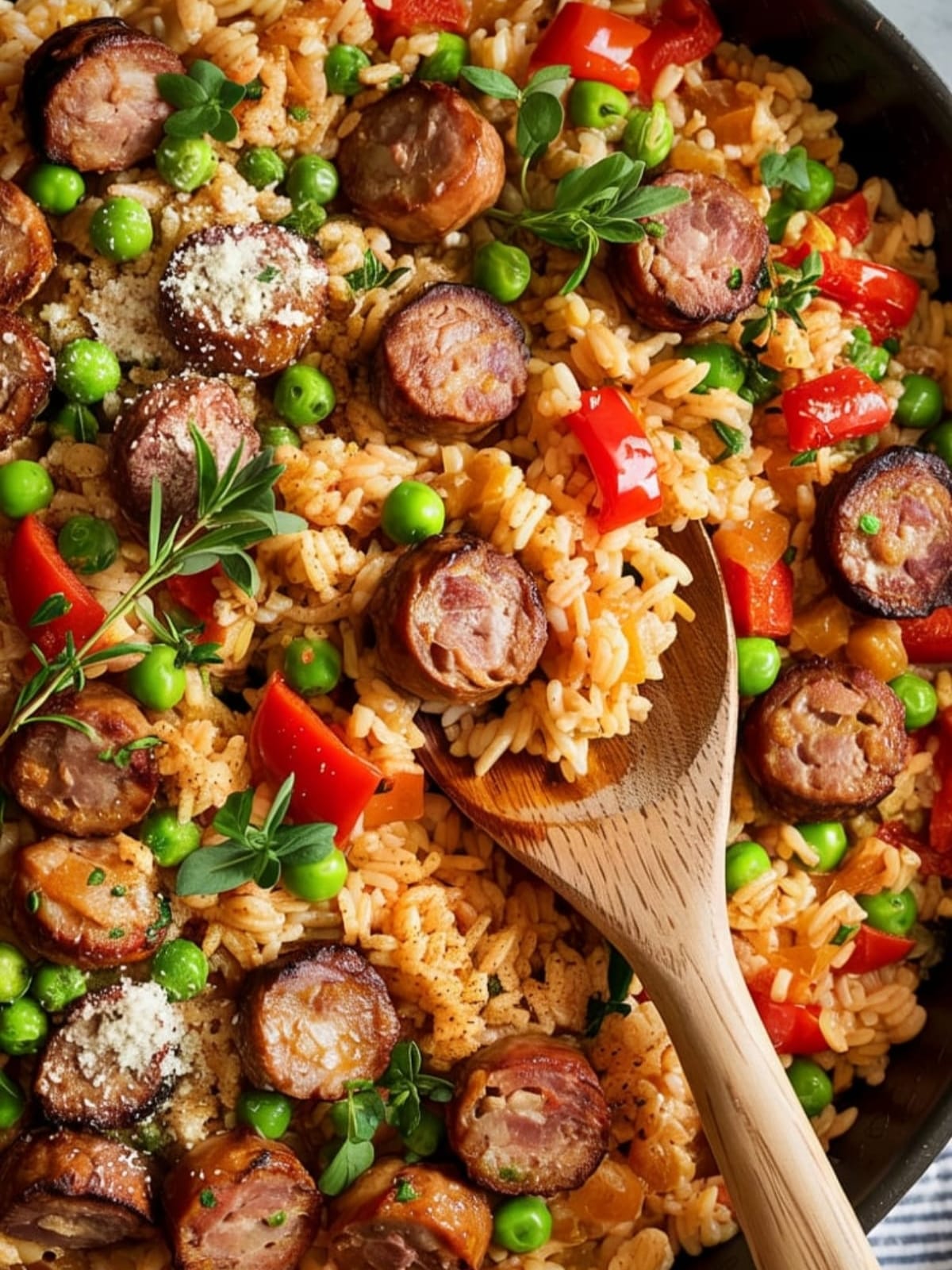 Steaming skillet of Italian sausage rice with colorful peppers, peas and Parmesan