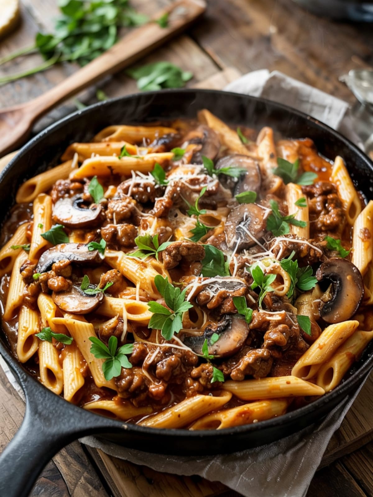Steaming skillet of beef and mushroom pasta in rich sauce topped with Parmesan and parsley