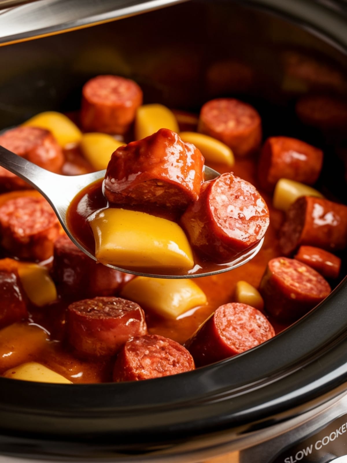 Steaming slow cooker of bubbling sweet and sour kielbasa with colorful vegetables in thick sauce