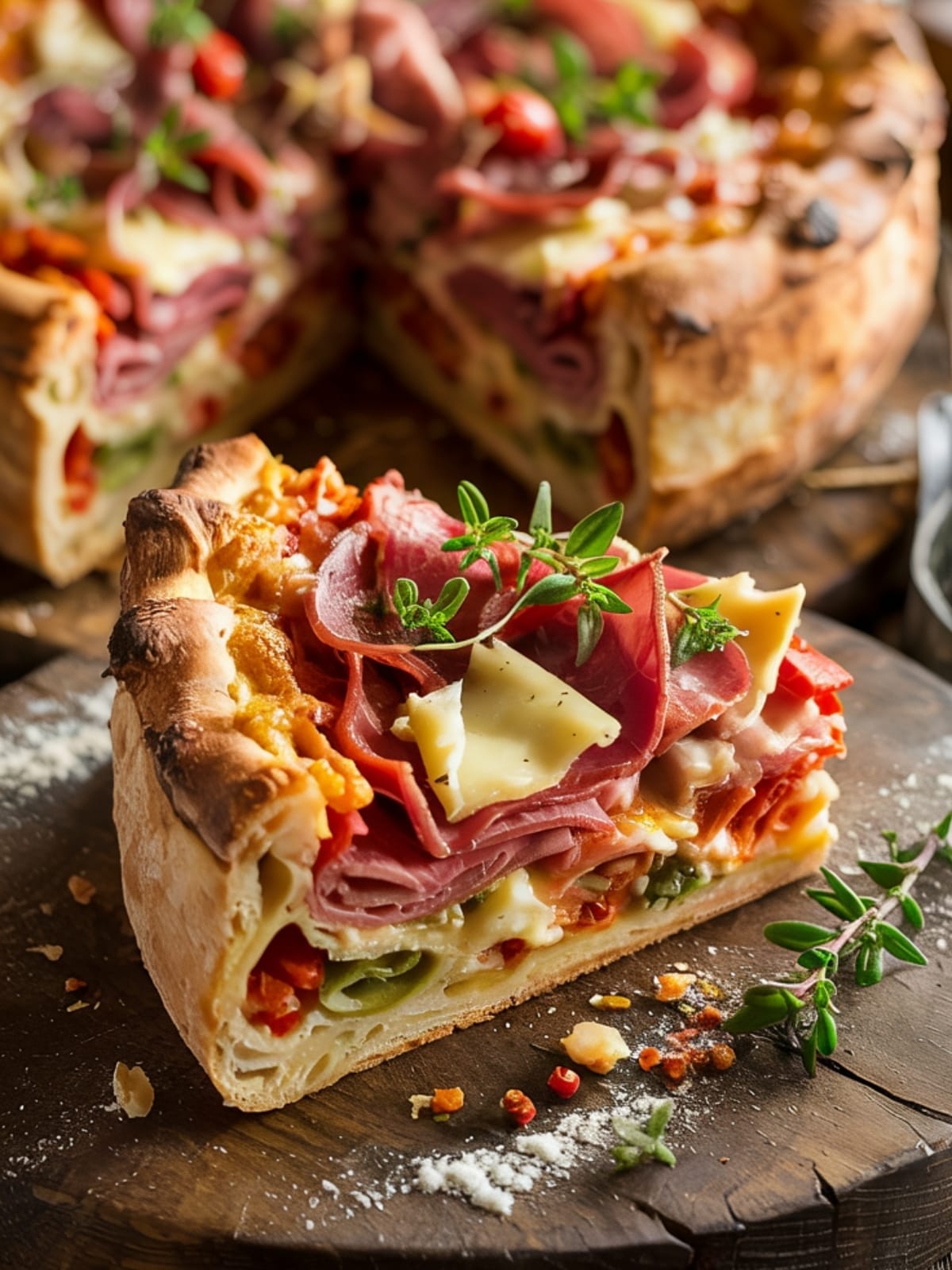 Tall slice of layered Pizza Rustica pie showing meats and cheeses in golden pastry crust