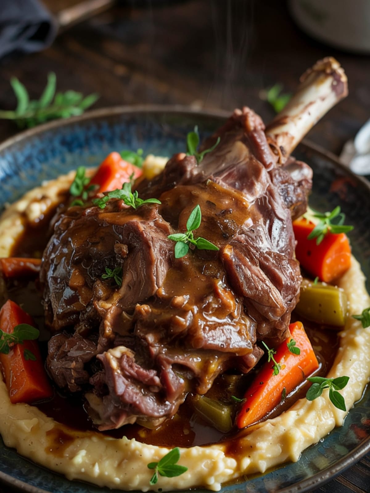 Tender braised lamb shank in rich red wine sauce over creamy polenta with herbs and vegetables