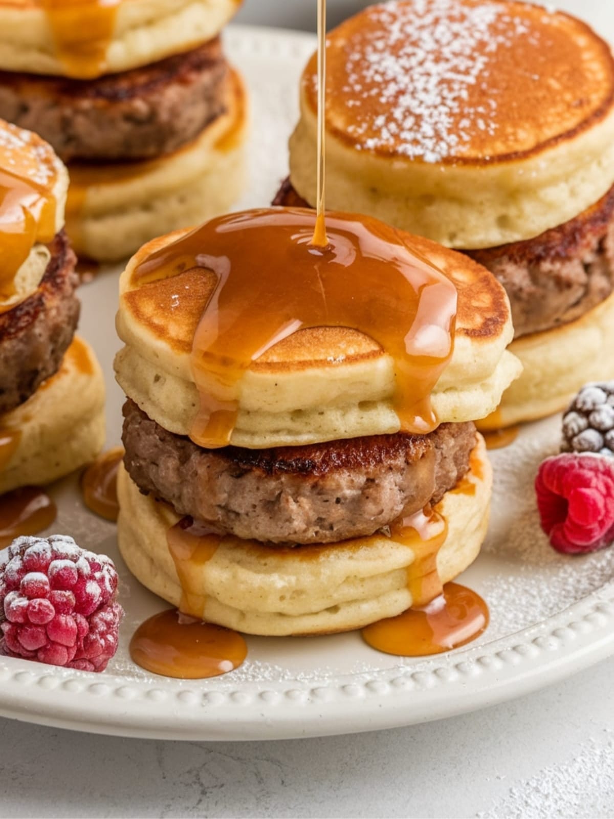 Three maple sausage breakfast sliders with glistening maple glaze on white plate