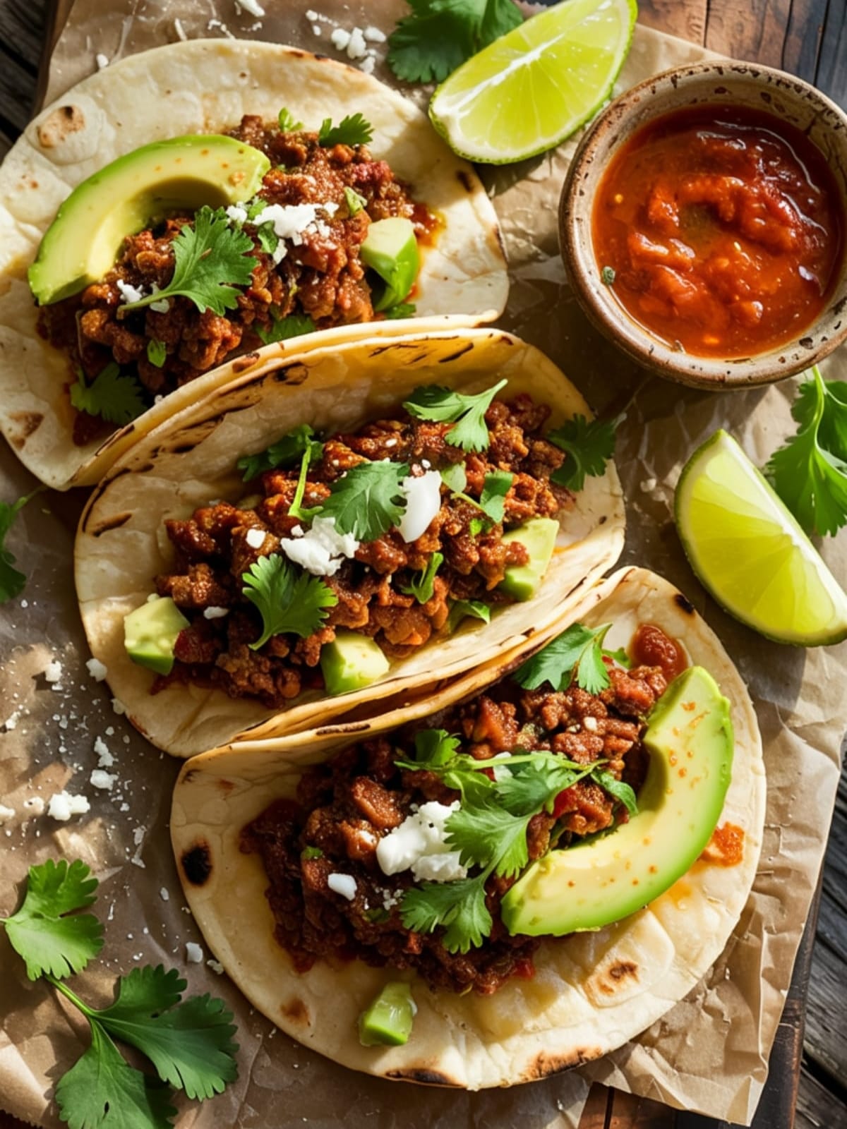 Three spicy beef tacos with cotija cheese, avocado, cilantro, and lime wedges on wooden board