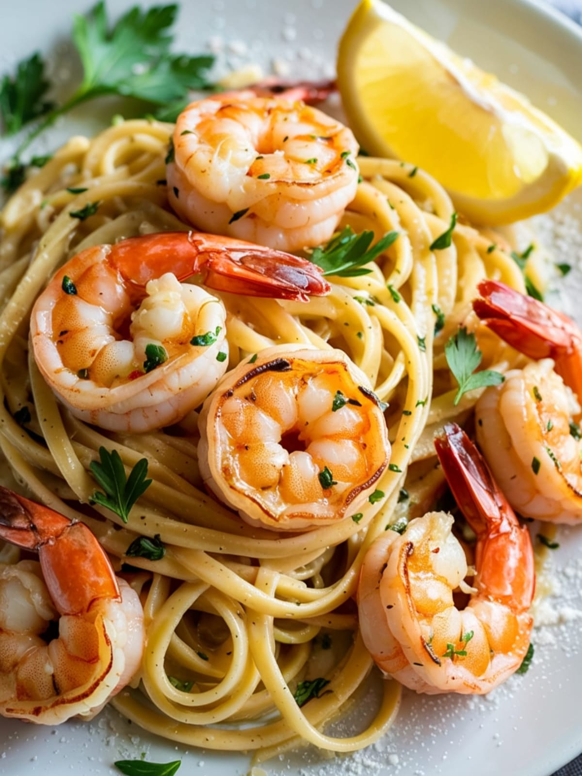 Twirled linguine with garlic butter sauce topped with pink seared shrimp, parsley and parmesan
