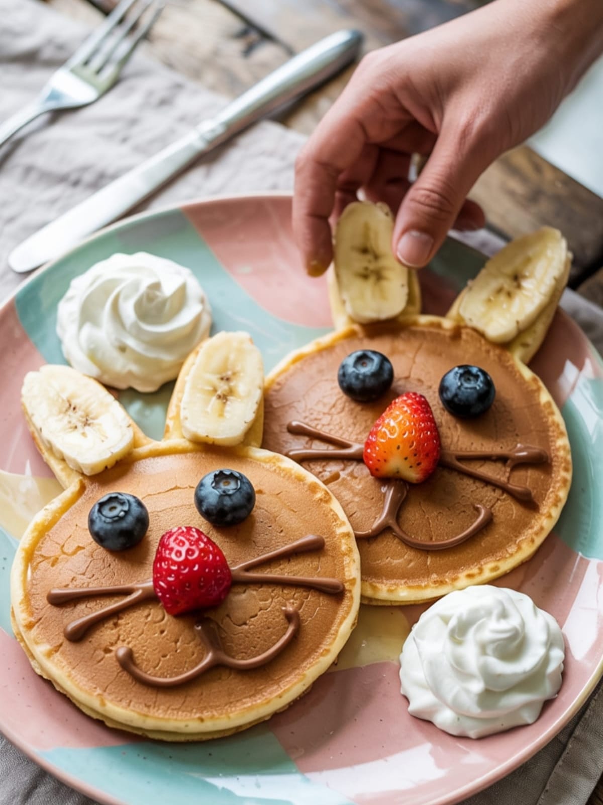 Two bunny-shaped pancakes with fruit features, whipped cream tails and chocolate whiskers on pastel plate