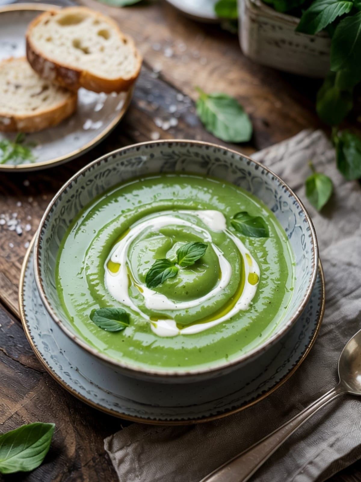 Vibrant green pea and mint soup with cream swirl, fresh peas and herb garnish in white bowl