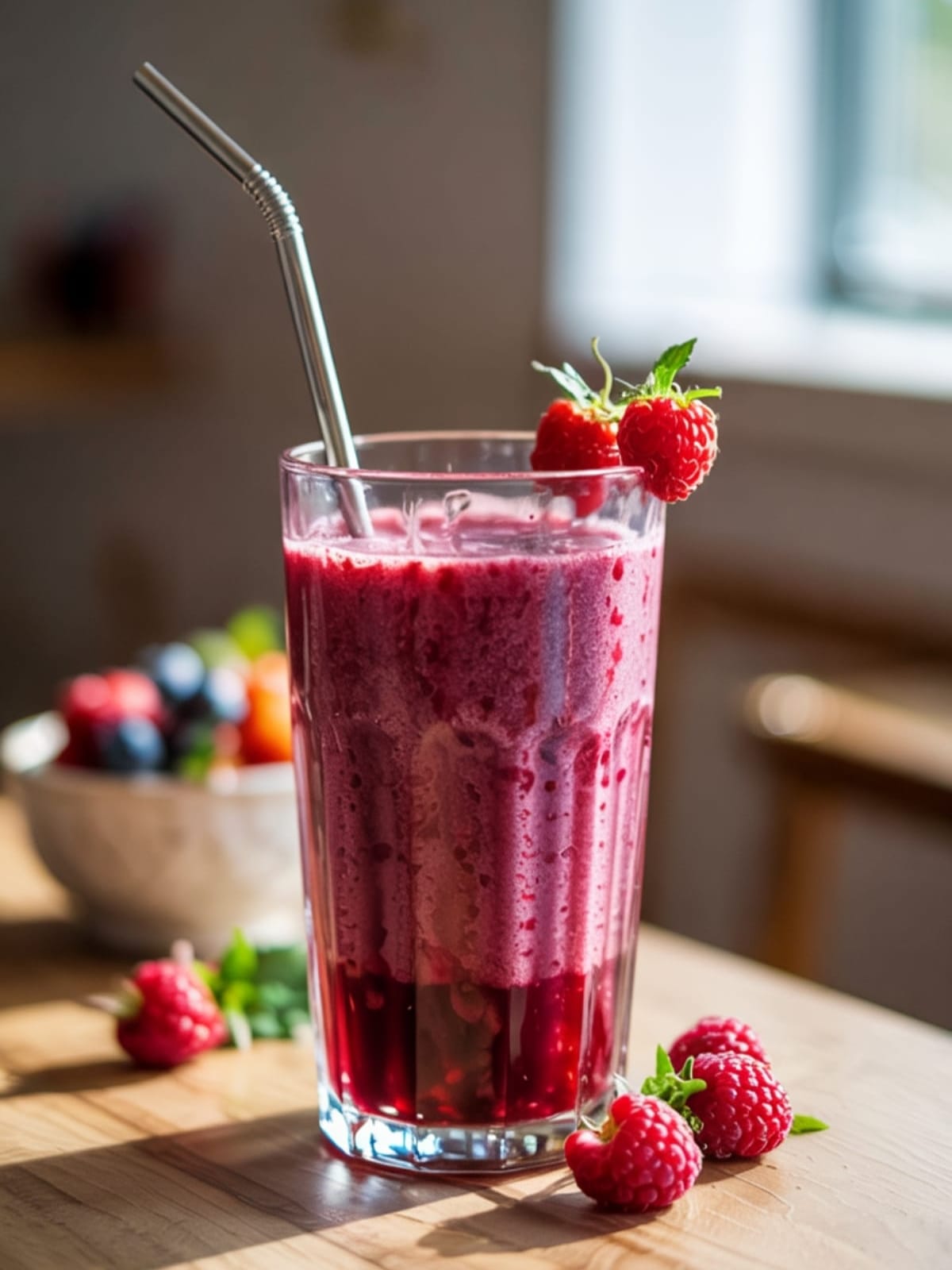 Vibrant purple-red berry smoothie in clear glass garnished with fresh strawberry, blueberry and raspberry