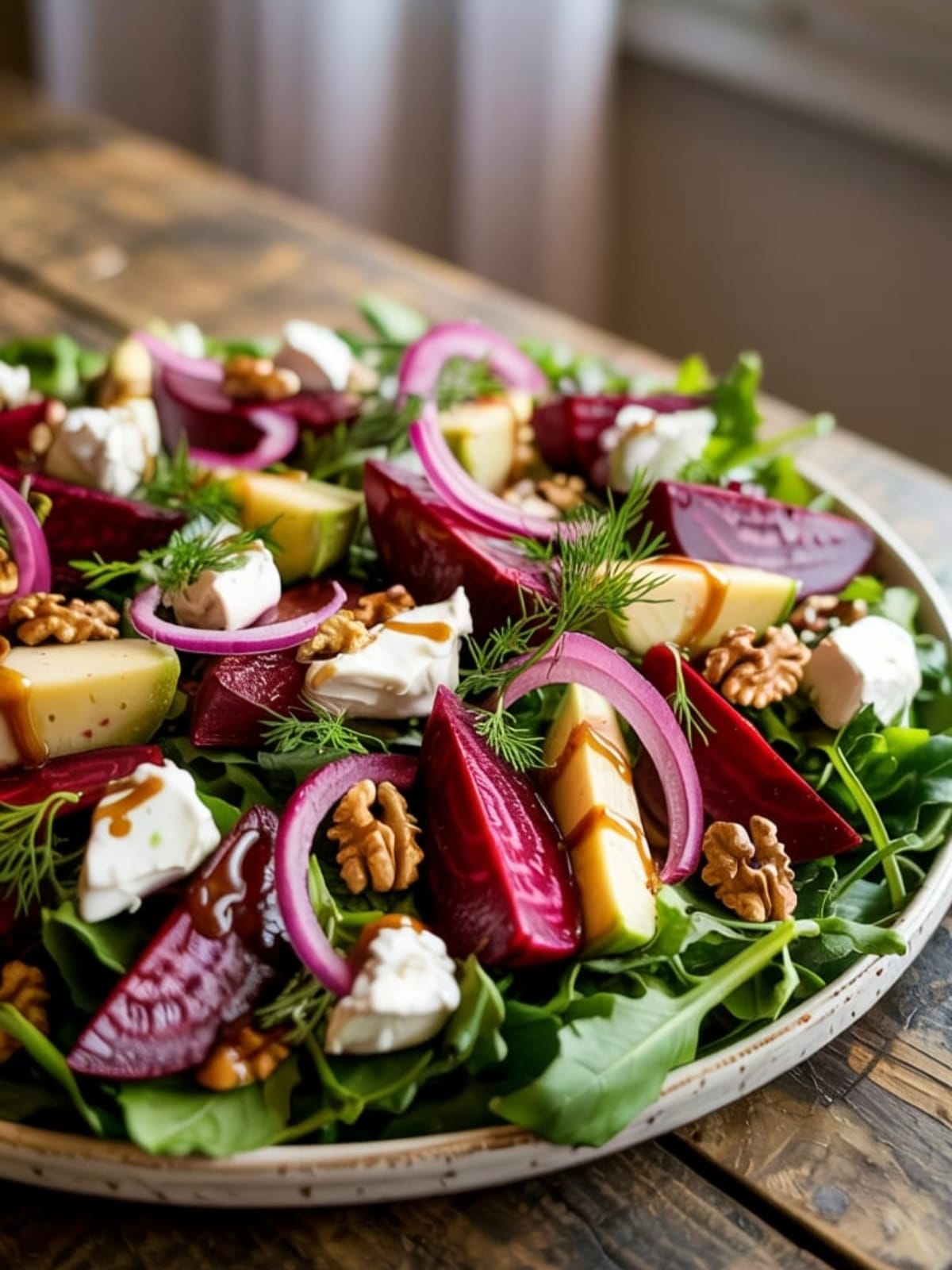 Vibrant roasted beet and goat cheese salad with mixed greens, walnuts and balsamic dressing