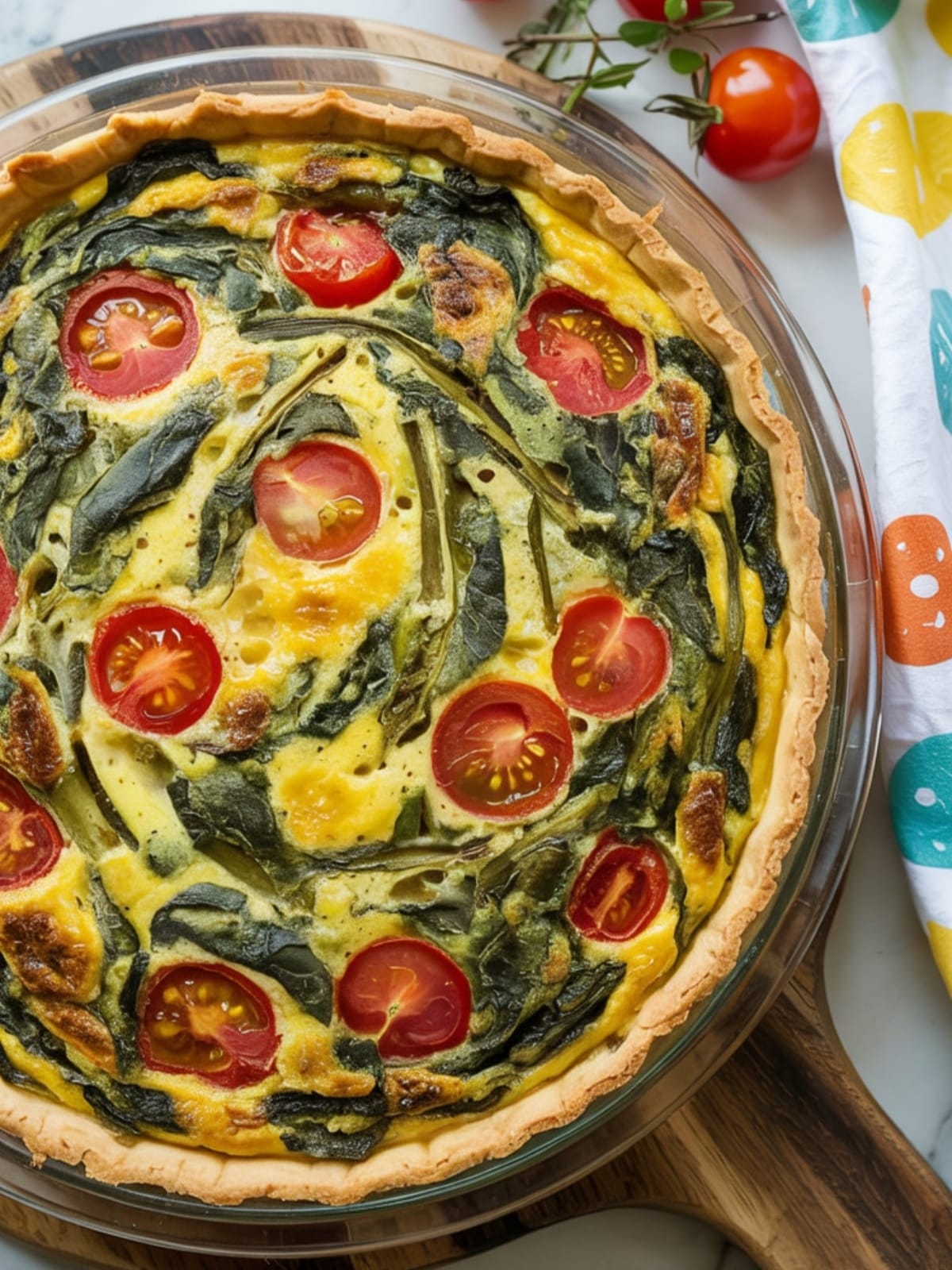 Vibrant vegan quiche with golden chickpea filling studded with emerald spinach and ruby tomatoes in a flaky crust