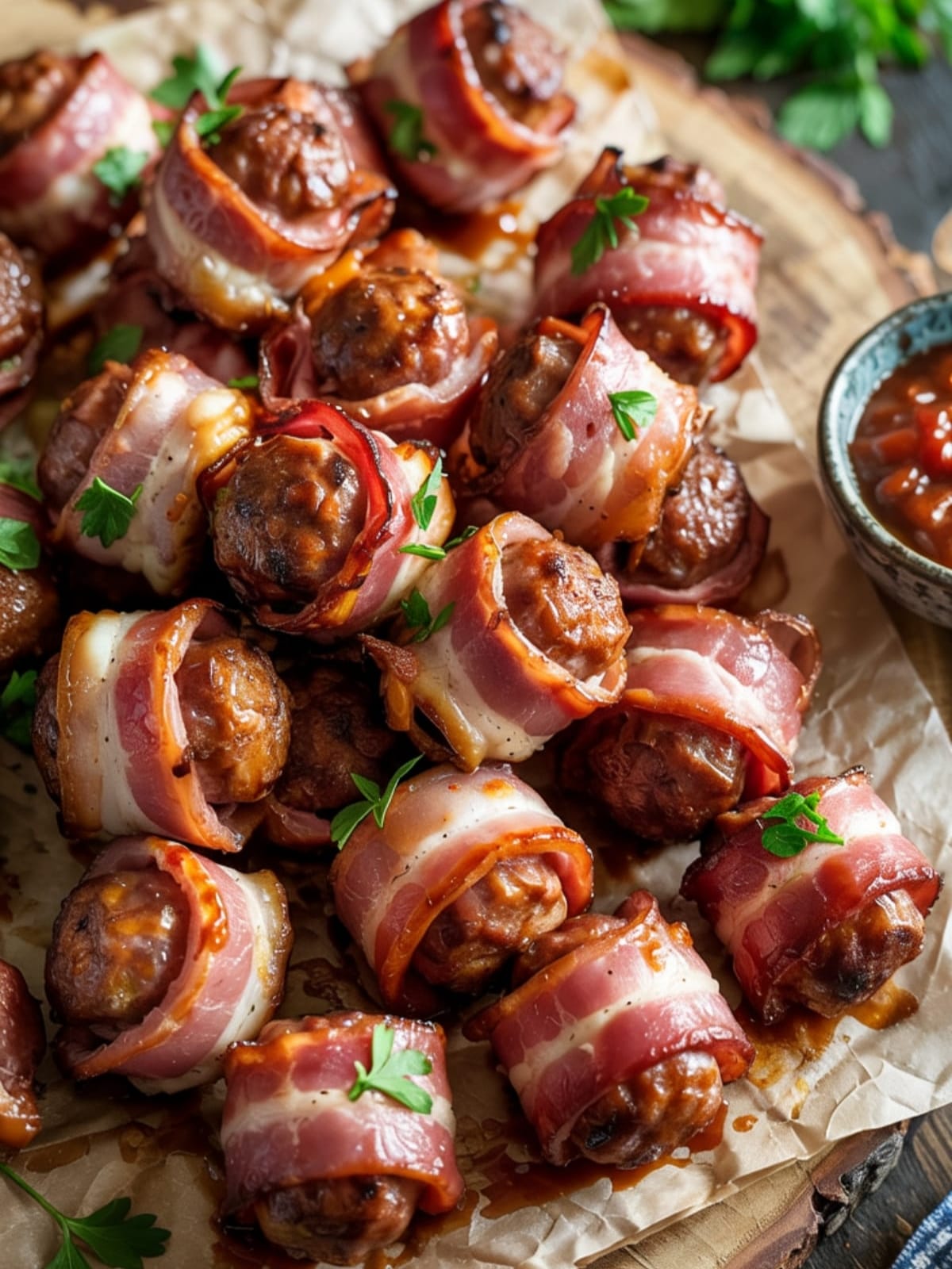 Wooden board of glazed BBQ sausage bites wrapped in crispy bacon with dipping sauce