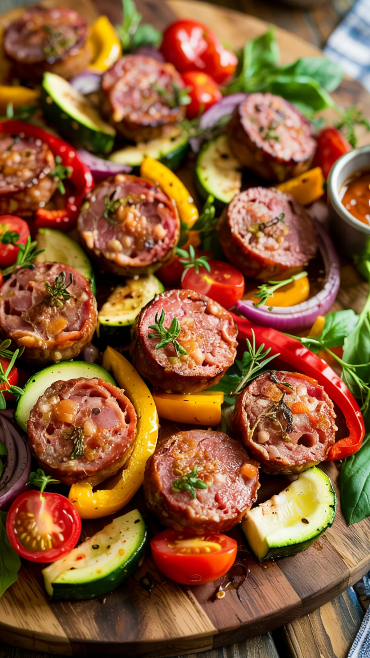 Air fryer sausage and colorful vegetables with caramelized edges on wooden platter