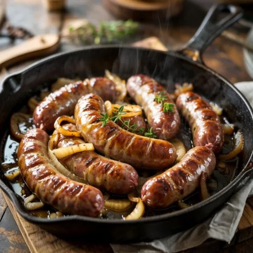 Beer Braised Sausage with Onions