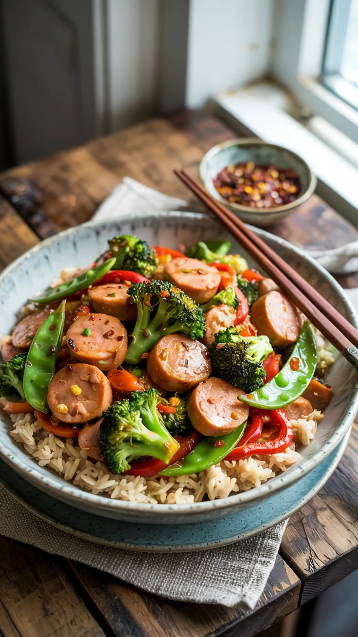 Bowl of chicken sausage stir-fry over brown rice with colorful vegetables and chopsticks