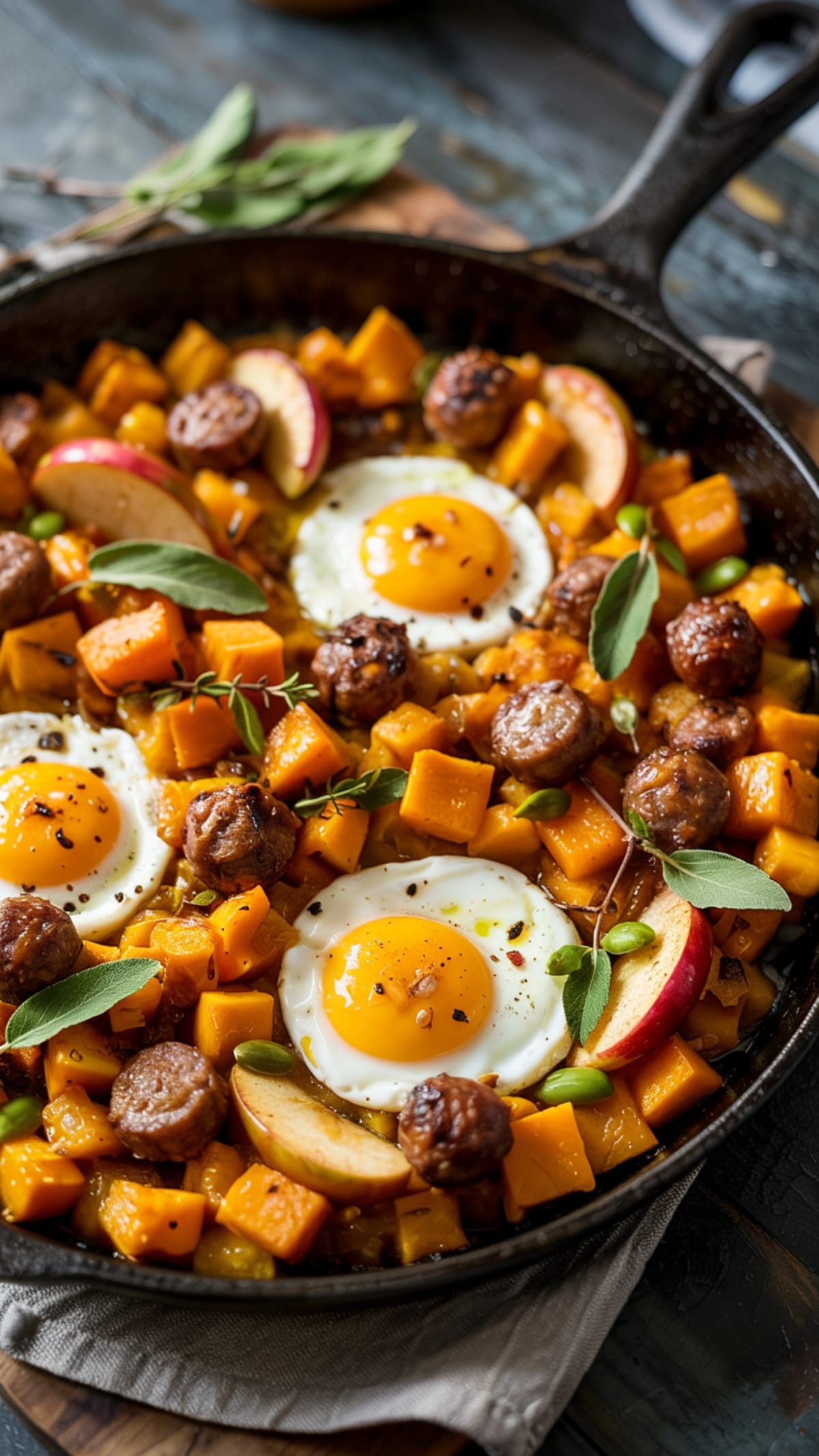 Cast iron skillet with colorful butternut squash apple hash, browned sausage and sunny-side up eggs