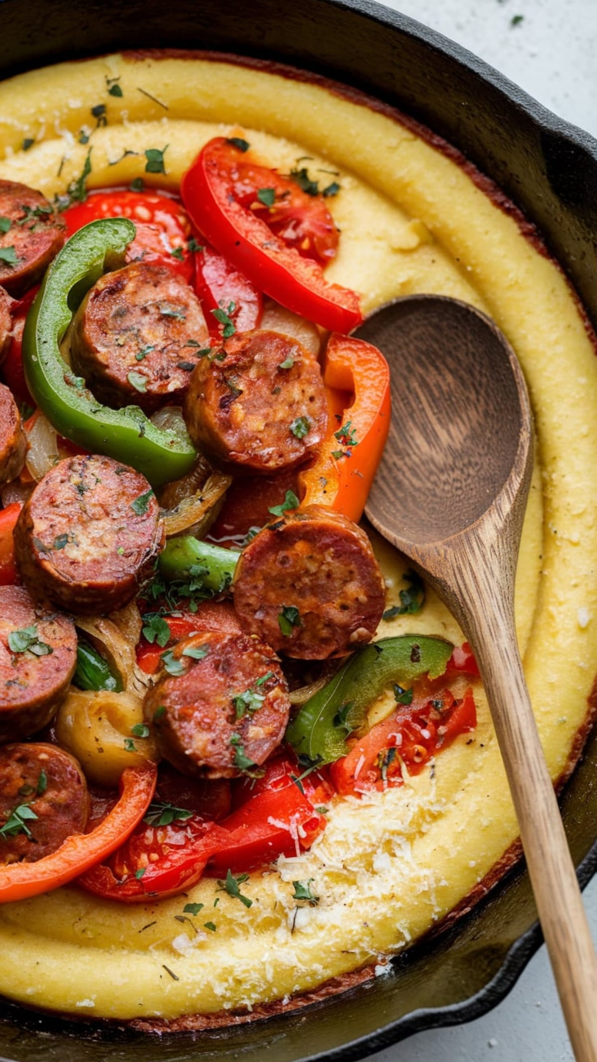 Cast iron skillet with creamy polenta topped with sausage, peppers and onions