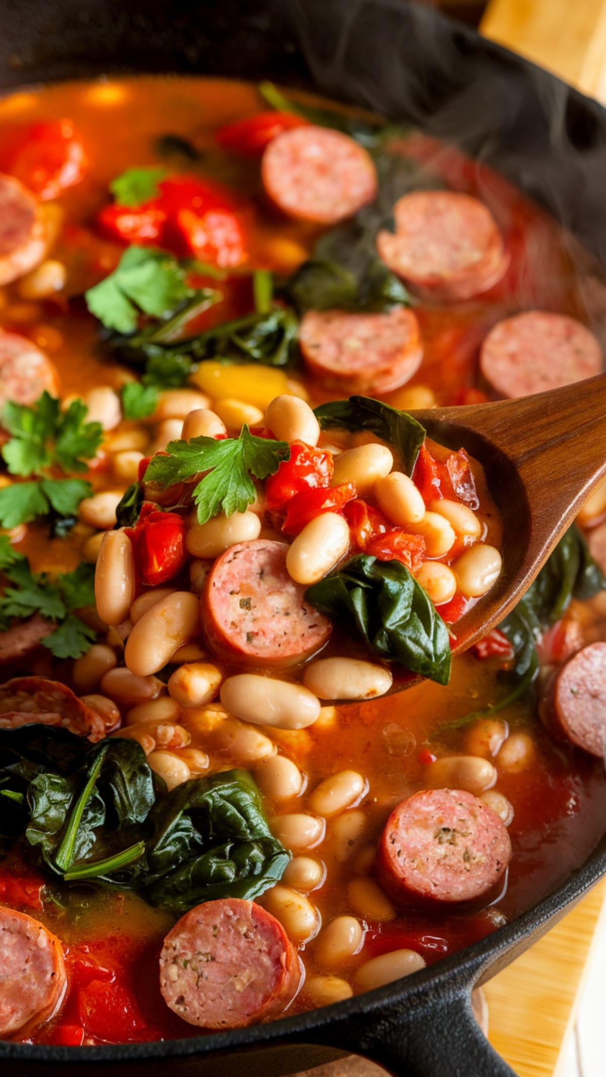 Cast iron skillet with golden sausage rounds and creamy white beans in savory broth