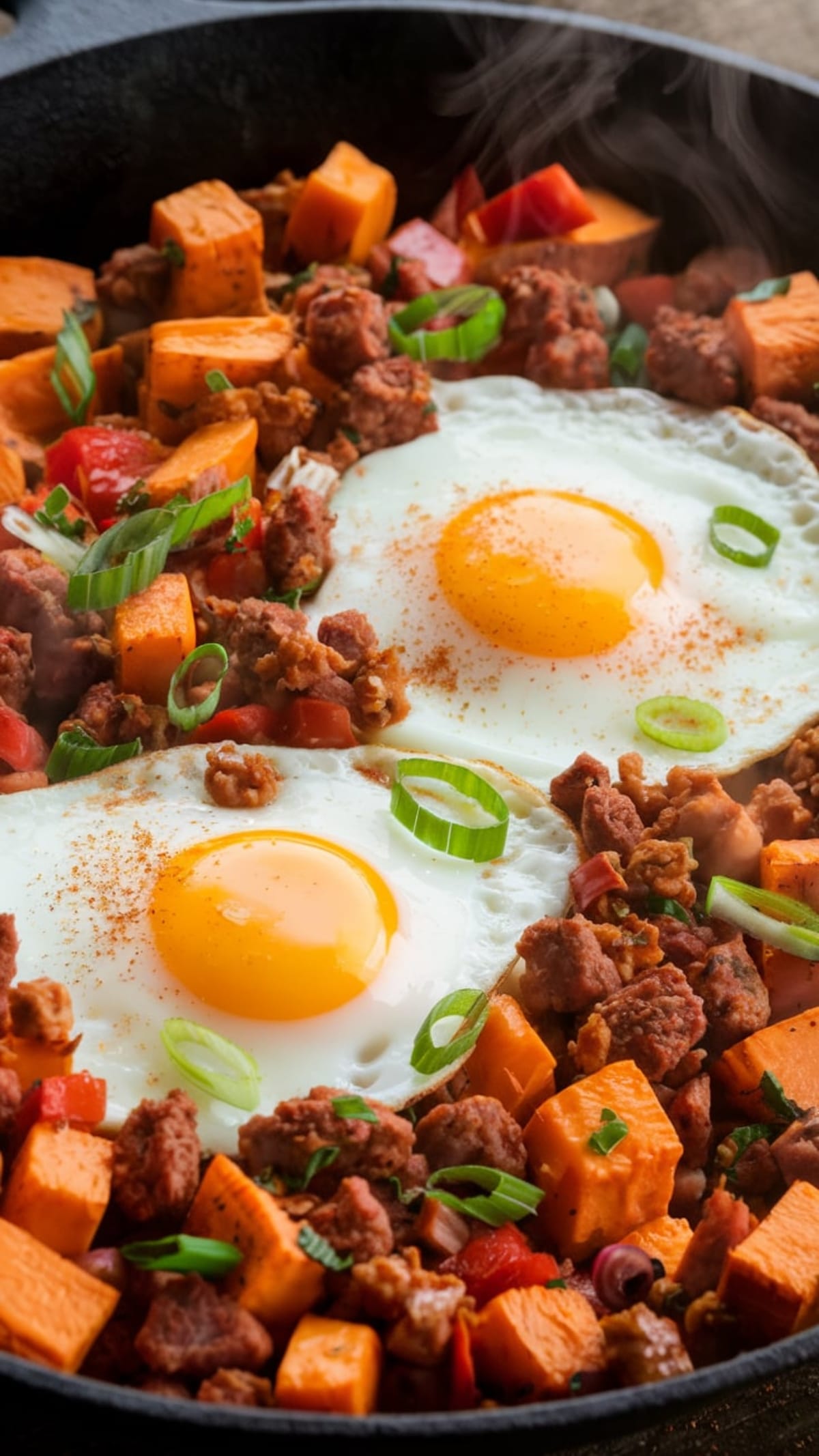 Cast iron skillet with savory sweet potato hash, sausage crumbles and runny eggs
