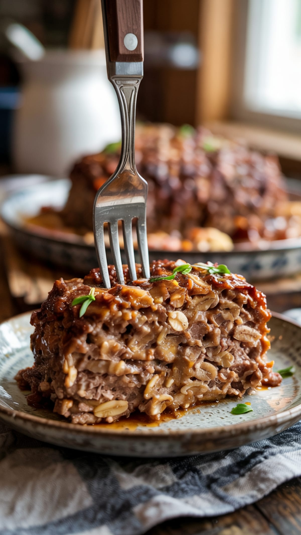Close-up of fork cutting through moist gluten-free oatmeal meatloaf showing perfect texture and clinging glaze
