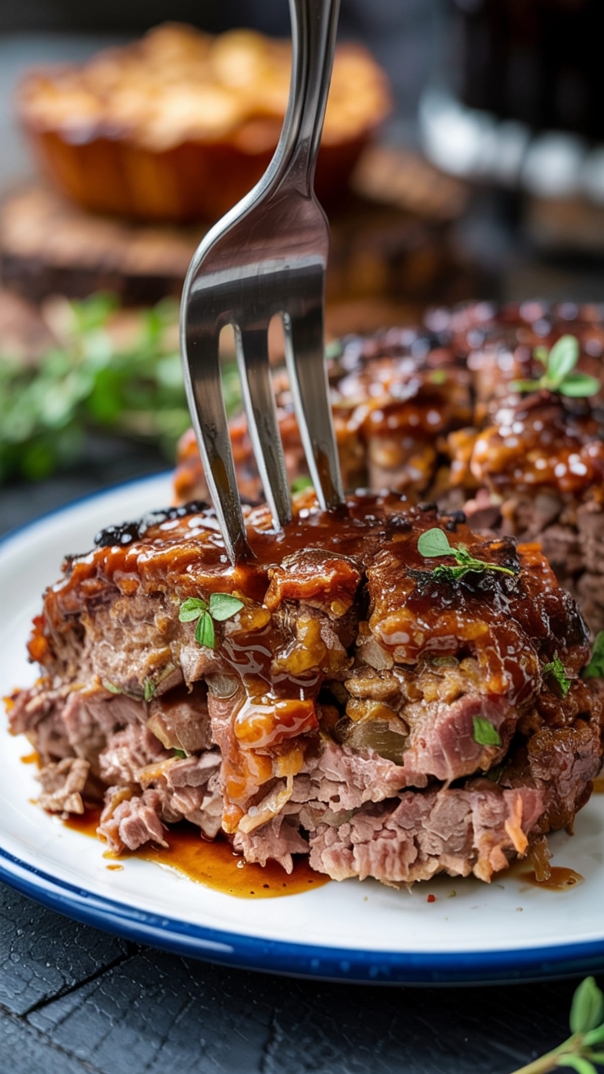 Close-up of fork cutting through moist honey BBQ meatloaf showing caramelized glaze and juicy interior