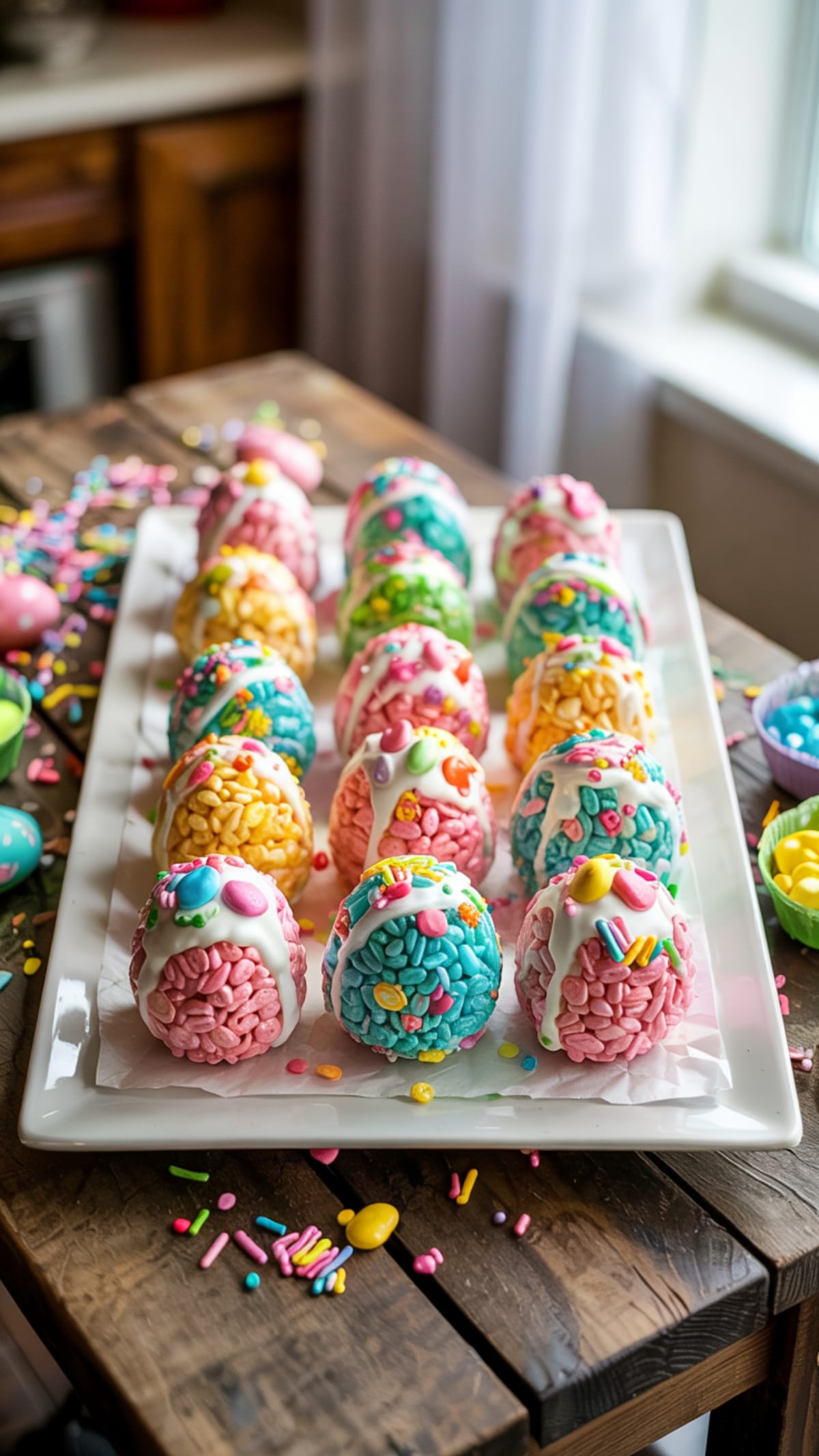 Colorful Easter egg shaped Rice Krispie treats decorated with drizzles, sprinkles and candy on white platter