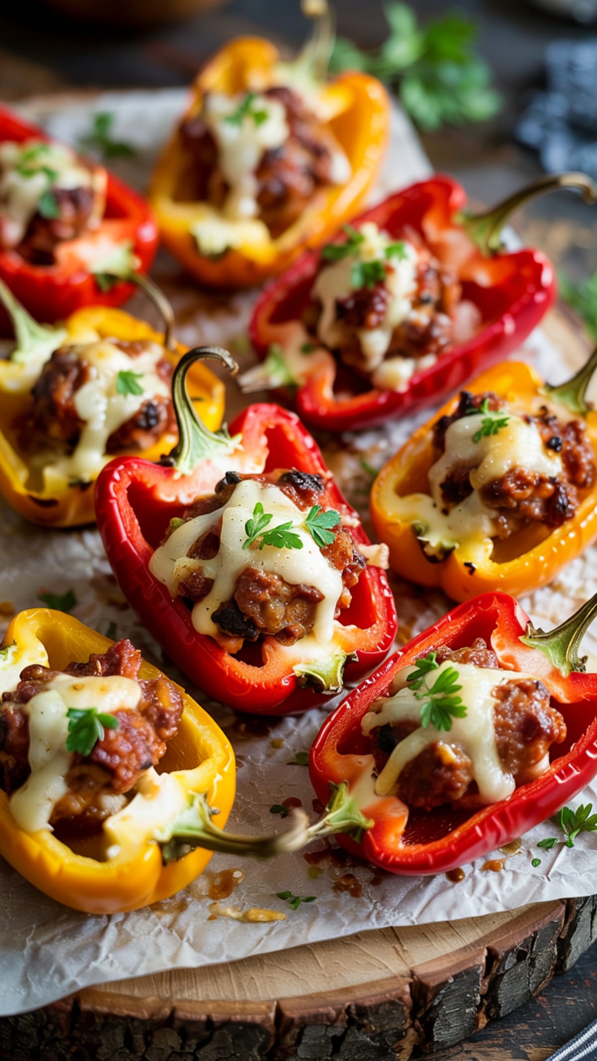 Colorful sausage stuffed mini peppers with melted cheese on wooden board