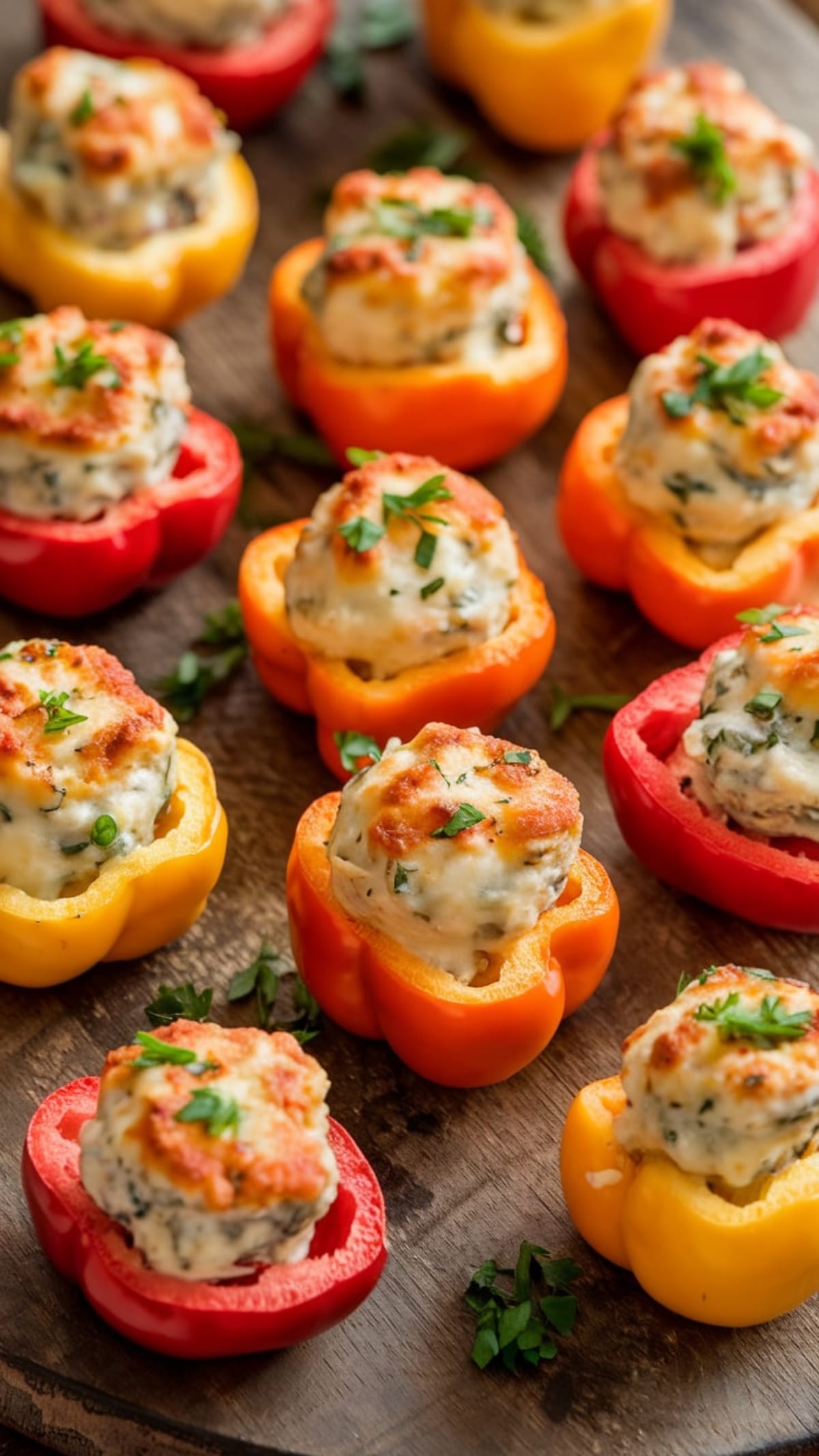 Colorful stuffed mini peppers with bubbling sausage and cheese filling on wooden board