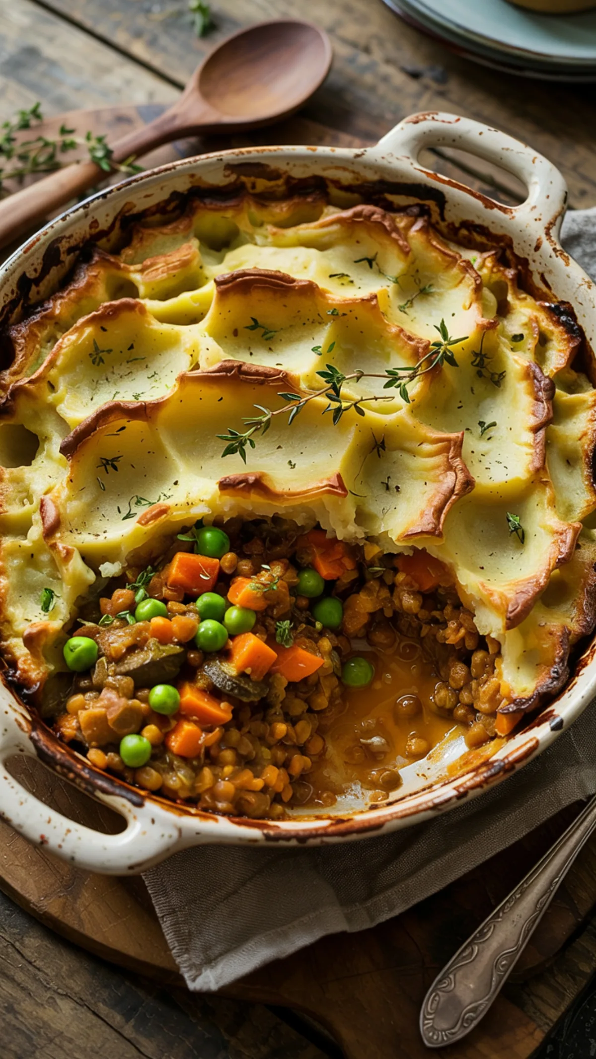 Comforting vegan lentil pie with golden potato topping, revealing hearty filling with colorful vegetables