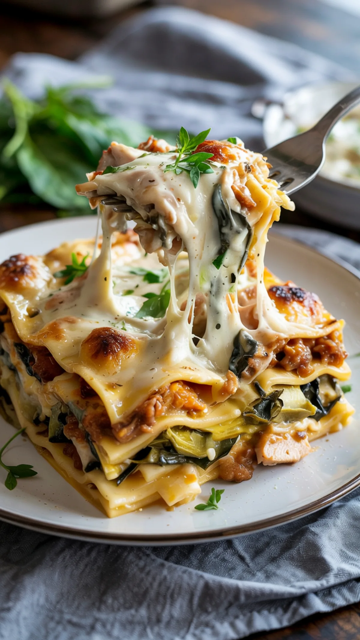 Creamy chicken spinach artichoke lasagna with golden cheese top and visible layers of pasta and vegetables