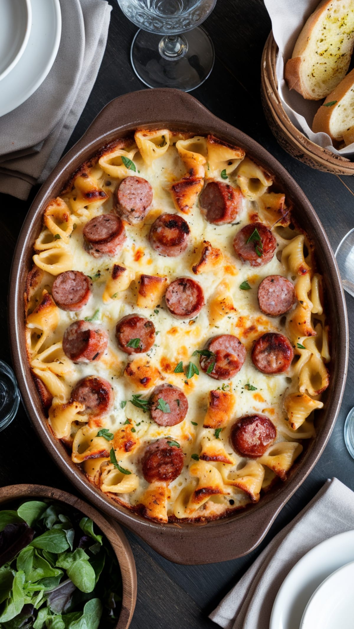 Creamy fettuccine Alfredo with browned smoked sausage slices and fresh parsley