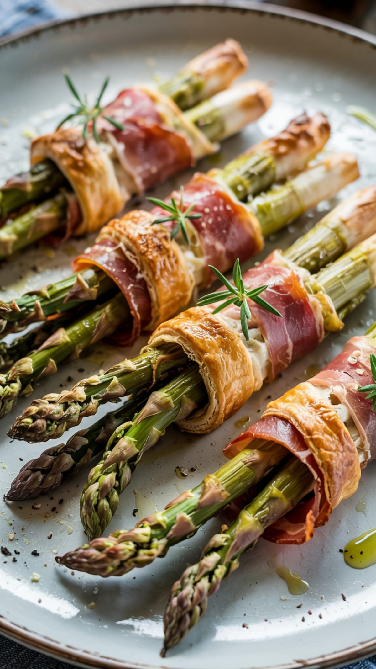 Crispy golden puff pastry bundle with asparagus and prosciutto