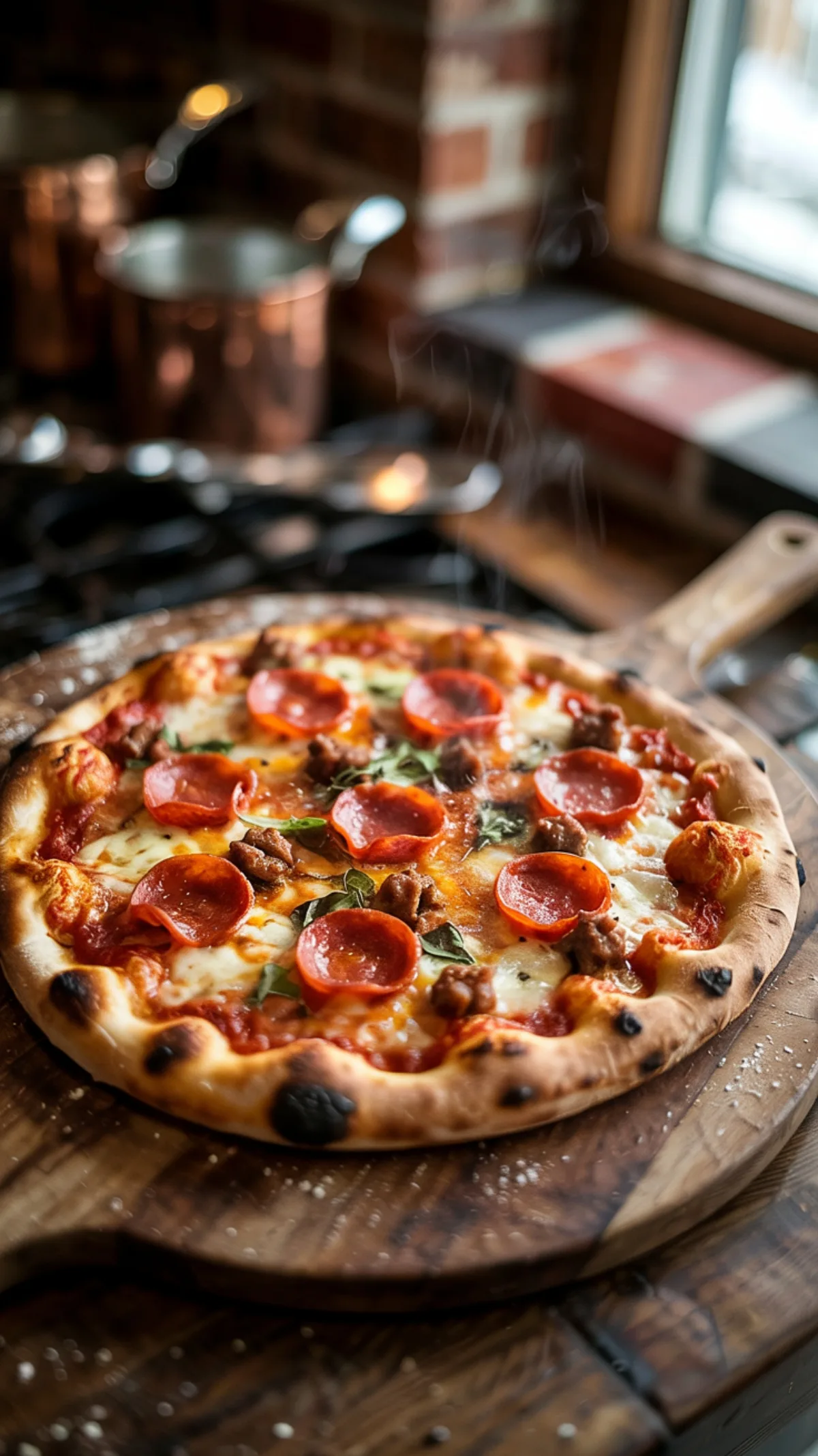 Freshly baked sausage and pepperoni pizza with bubbling cheese and crispy golden crust