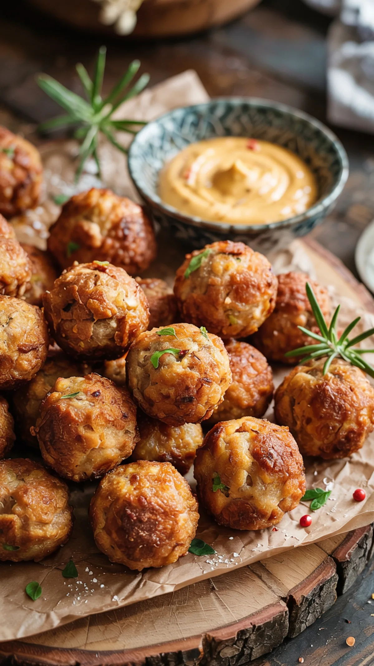Golden-brown gluten-free sausage balls on wooden board with honey mustard dipping sauce