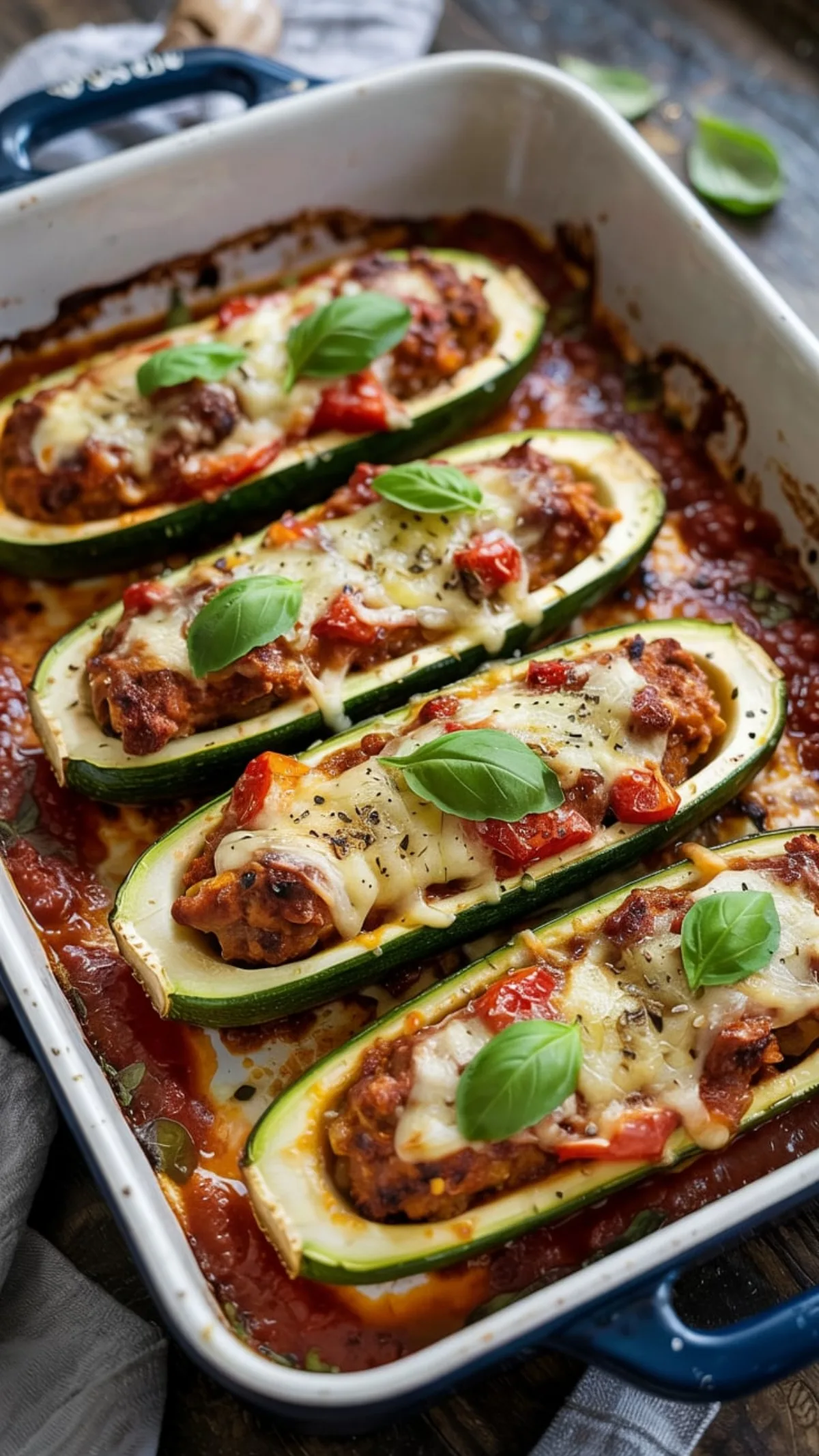 Golden-brown sausage zucchini boats topped with melted cheese and fresh basil