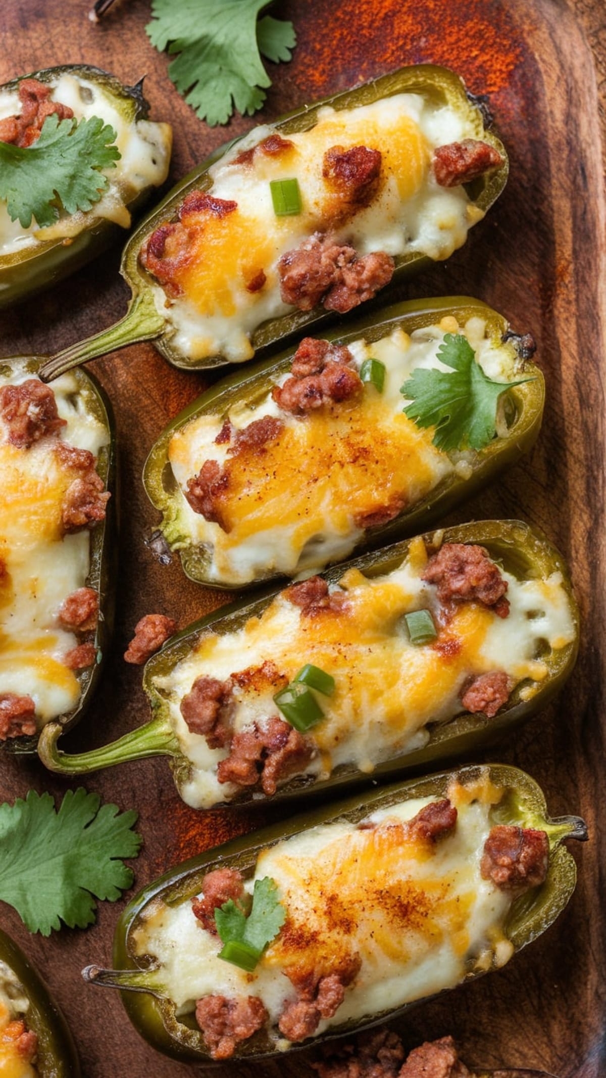 Golden sausage-stuffed jalapeños with bubbling cheese and herb garnish on wooden board