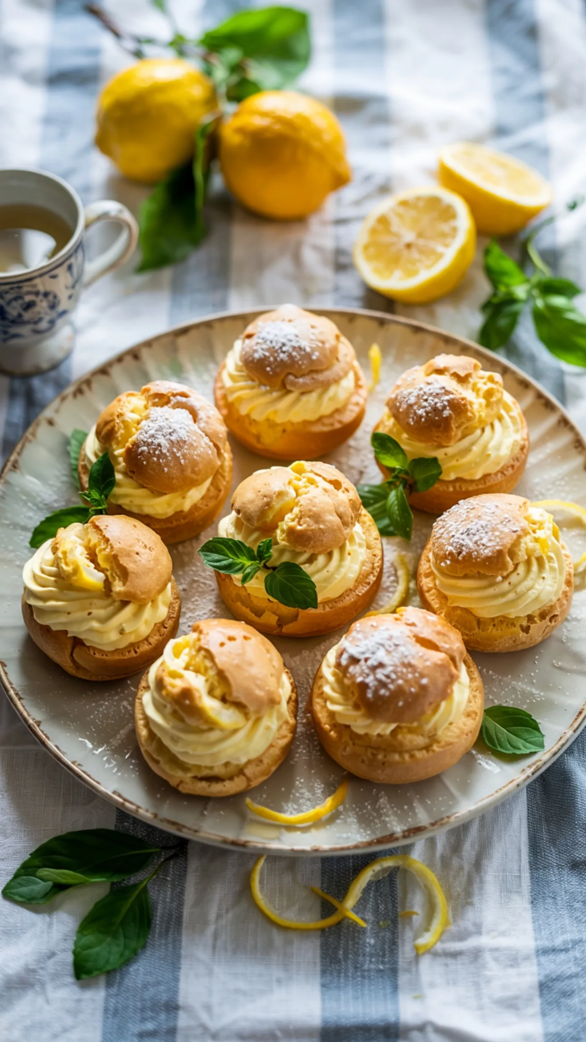 Golden vegan lemon cream puffs on a white platter