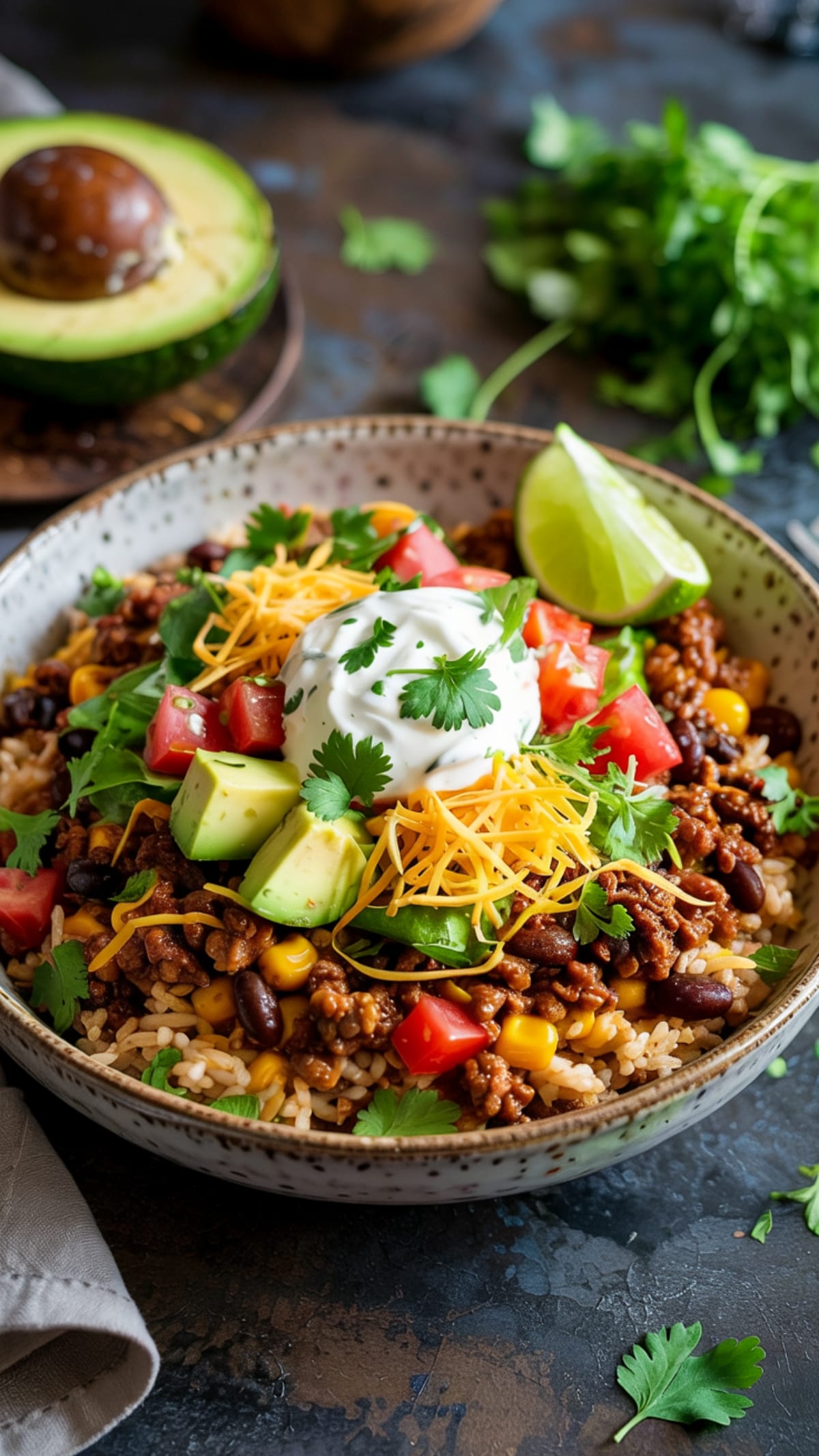 Layered taco rice bowl with seasoned beef, beans, and colorful fresh toppings on bed of lime rice