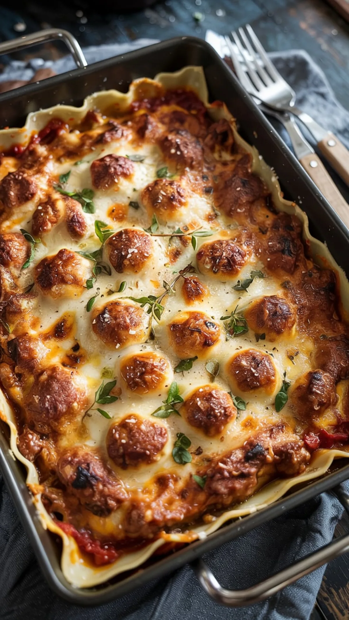 Overhead view of golden bubbling Italian sausage lasagna fresh from oven in baking dish