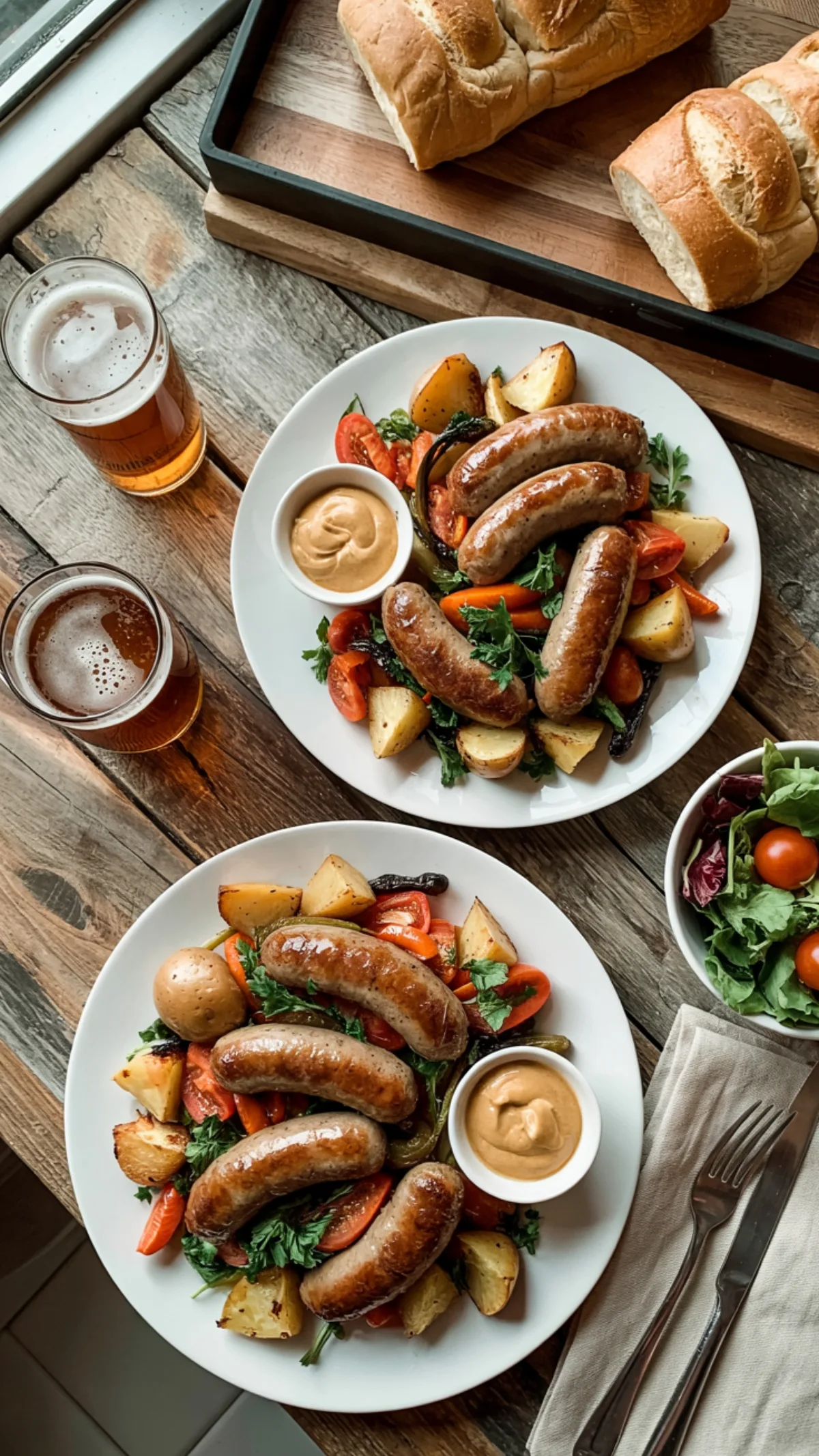 Overhead view of two plated sausage and roasted vegetable dinners with mustard, salad and beer on wooden table