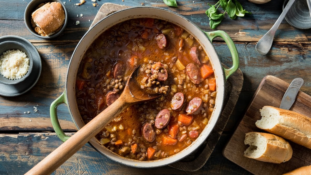 Dutch oven of simmering lentil soup with sausage, vegetables and serving bowls ready