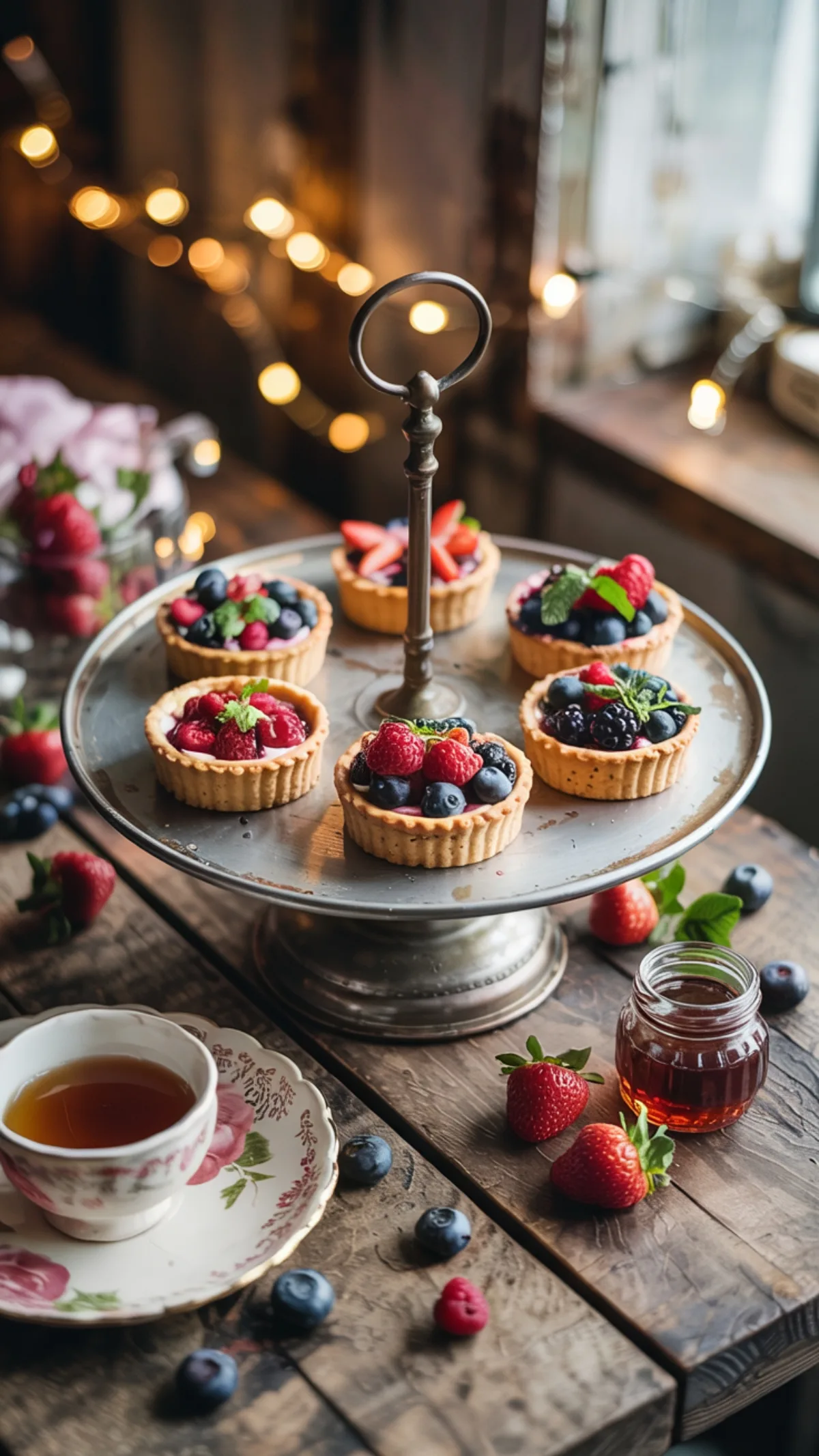 Six vegan berry tartlets arranged on a vintage cake stand for afternoon tea