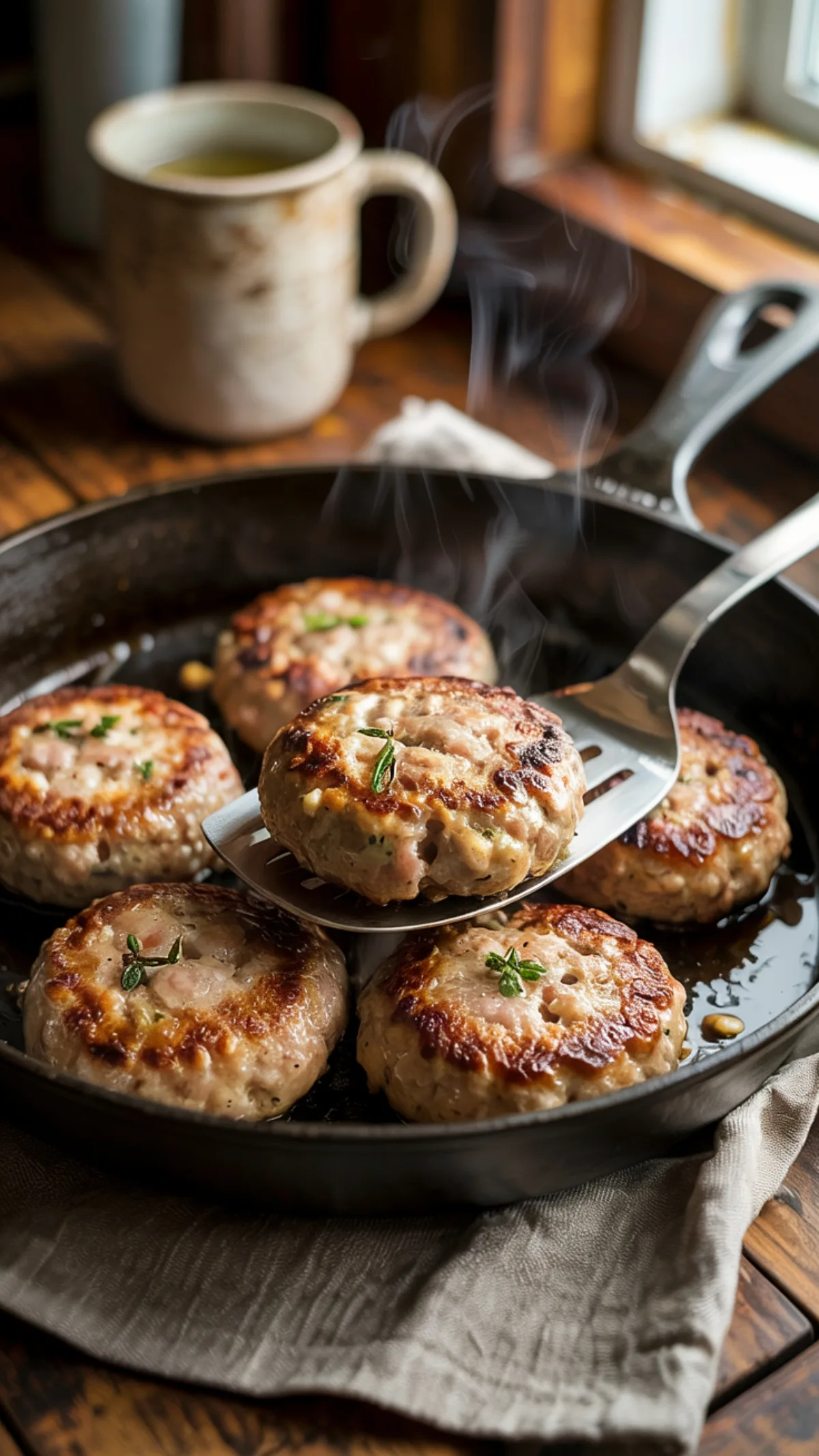 Sizzling homemade breakfast sausage patties in cast iron skillet with herbs and spices