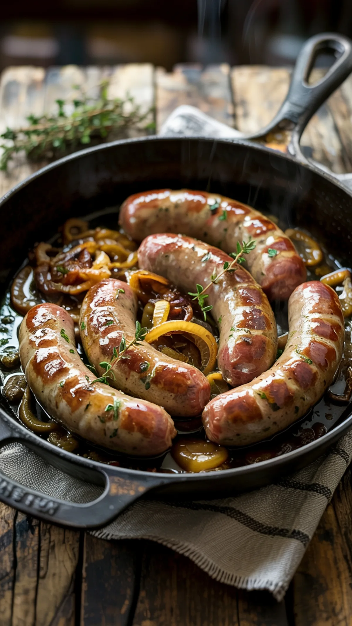 Sizzling skillet of beer braised bratwurst with golden caramelized onions in rich sauce