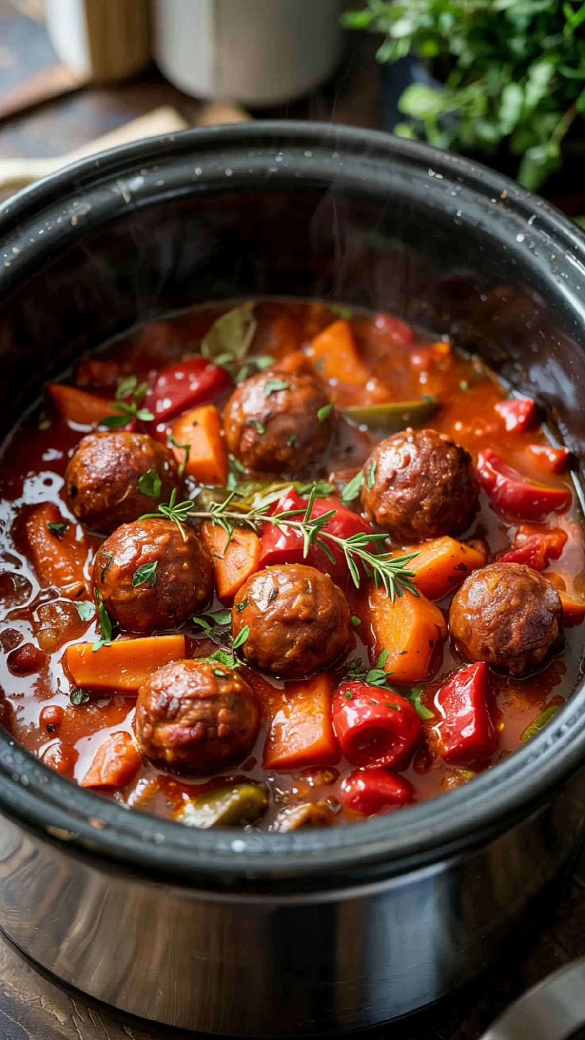 Slow cooker filled with simmering sausage casserole in rich tomato sauce with vegetables