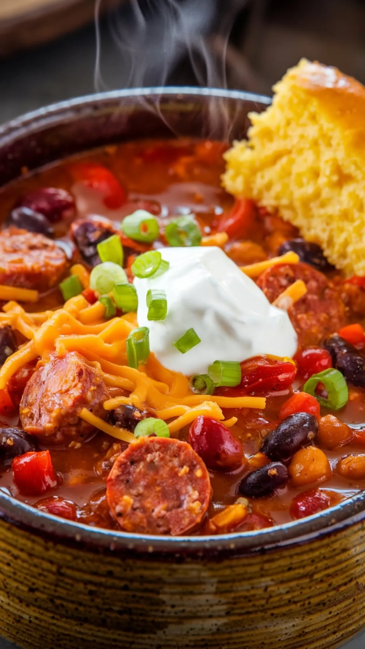 Steaming bowl of spicy sausage chili with melted cheese, sour cream and cornbread